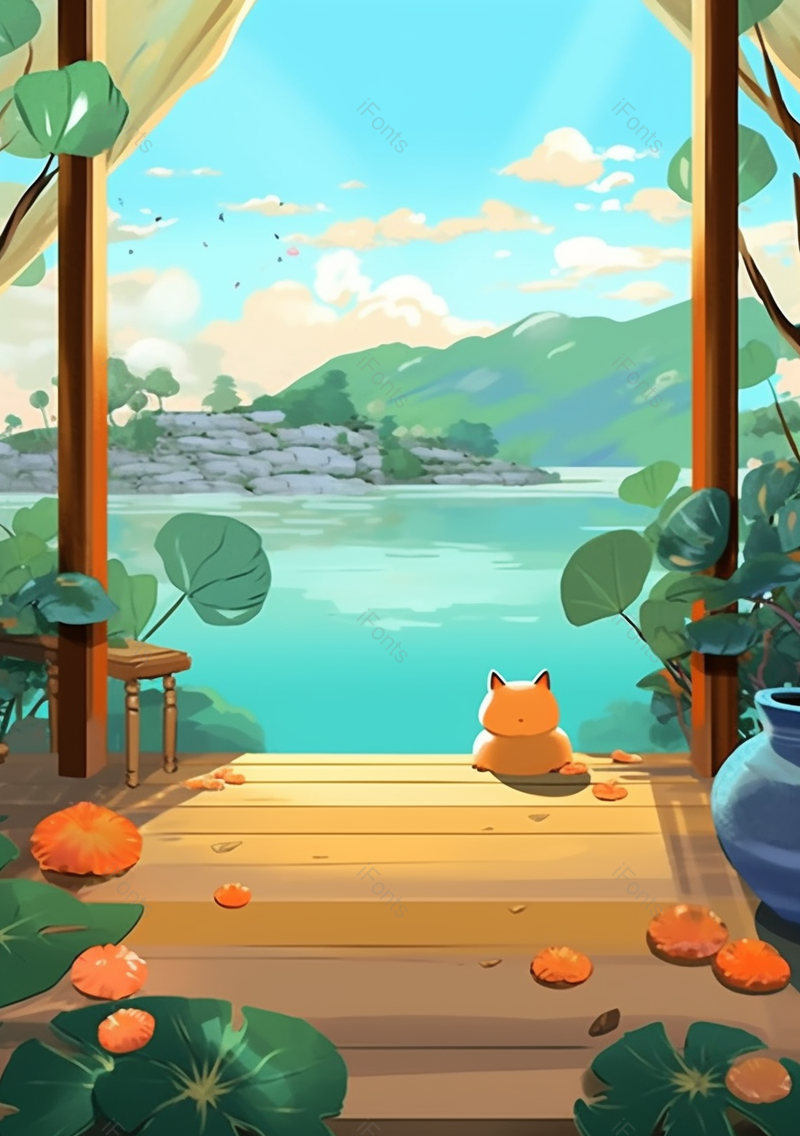 橙色夏日蓝天白云凉亭动物插画背景,插画/手绘图,插画/手绘图库,插画/手绘图下载,插画/手绘